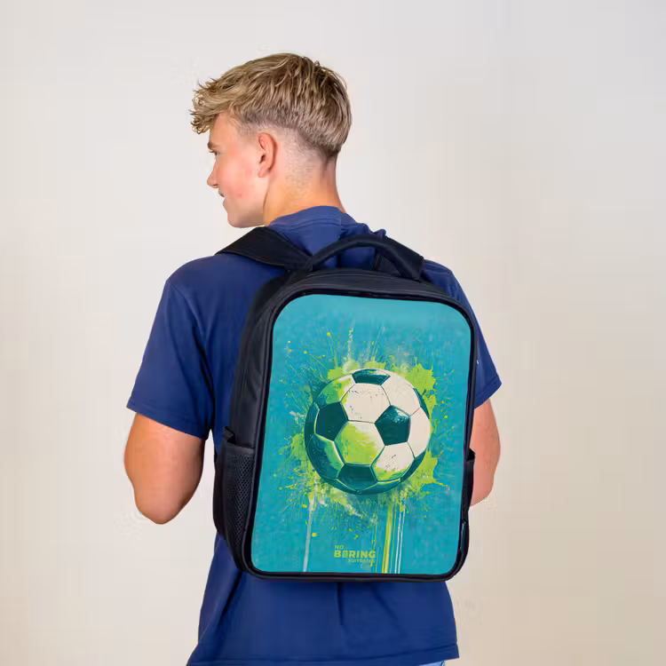 Kinderrucksack - Schwarz - Fußball - Farbspritzer - Grün - Blau — 3