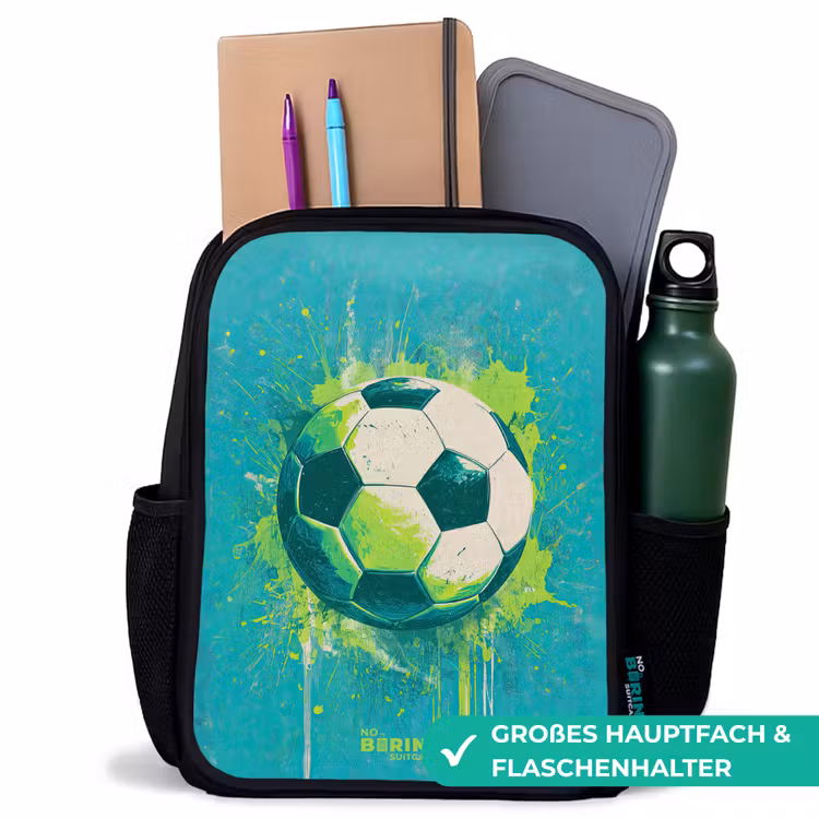 Kinderrucksack - Schwarz - Fußball - Farbspritzer - Grün - Blau — 8