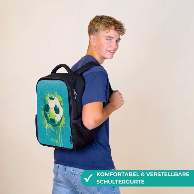 Kinderrucksack - Schwarz - Fußball - Farbspritzer - Grün - Blau — 9