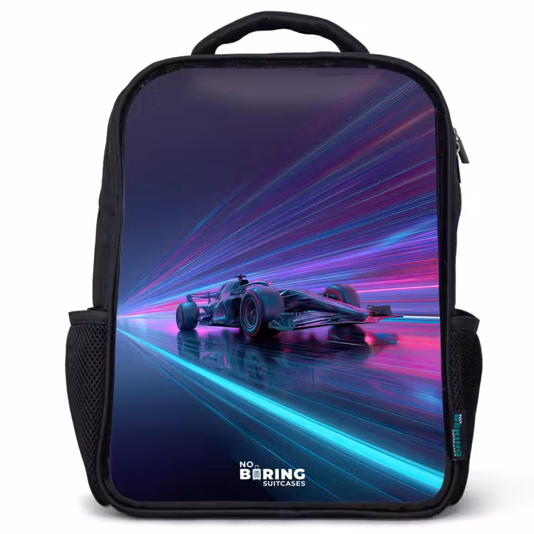 Kinderrucksack - Schwarz - Neon - Rennwagen - Leichte Streifen - Lila — 1