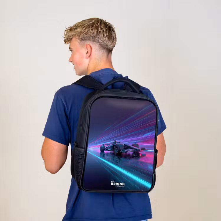 Kinderrucksack - Schwarz - Neon - Rennwagen - Leichte Streifen - Lila — 3