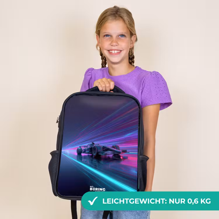 Kinderrucksack - Schwarz - Neon - Rennwagen - Leichte Streifen - Lila — 7