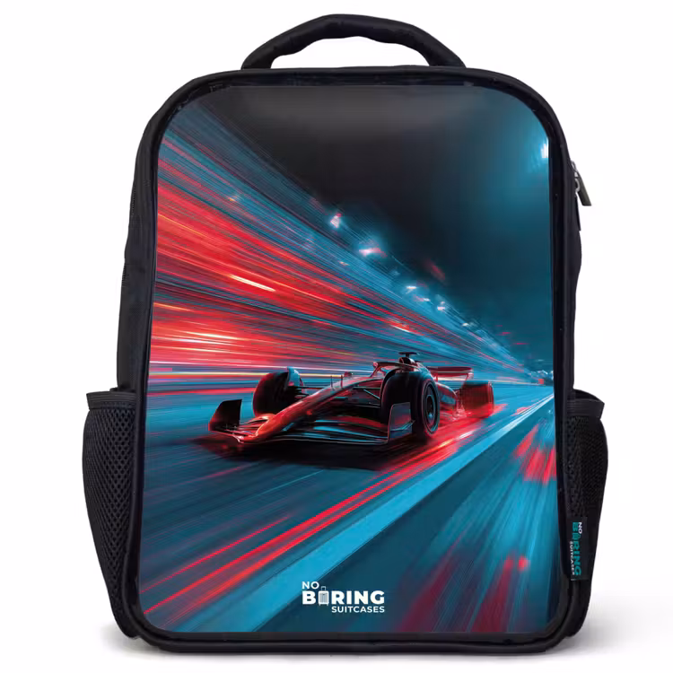 Kinderrucksack - Schwarz - Rennwagen - Strecke - Neon - Beleuchtung — 1