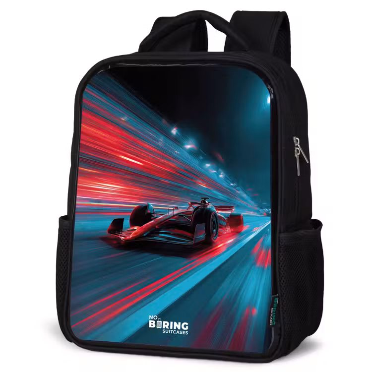 Kinderrucksack - Schwarz - Rennwagen - Strecke - Neon - Beleuchtung — 4