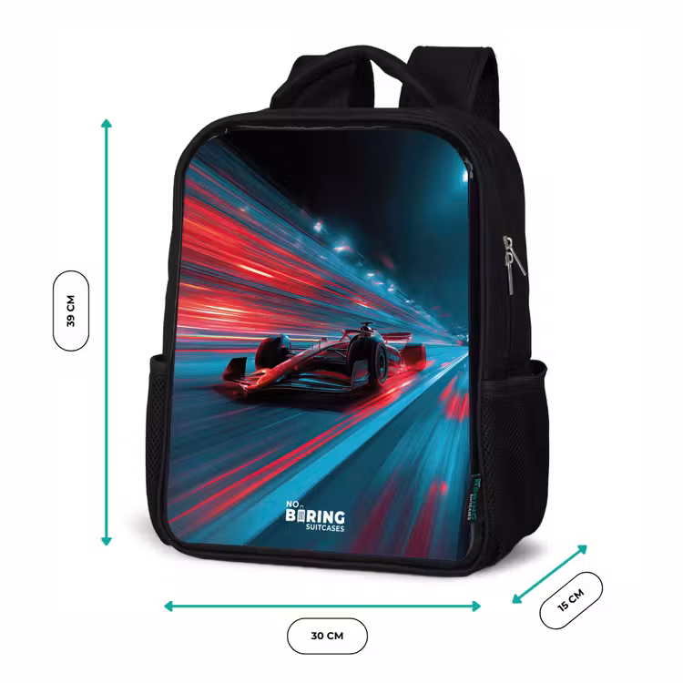 Kinderrucksack - Schwarz - Rennwagen - Strecke - Neon - Beleuchtung — 6