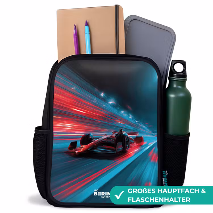 Kinderrucksack - Schwarz - Rennwagen - Strecke - Neon - Beleuchtung — 8
