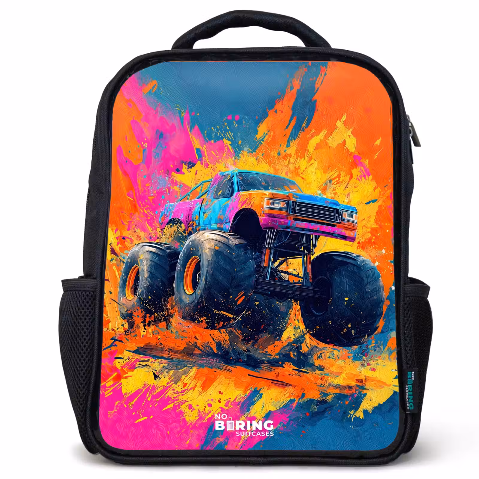 Kinderrucksack - Schwarz - Monstertruck - Farbspritzer - Bunt - Explosion — 1