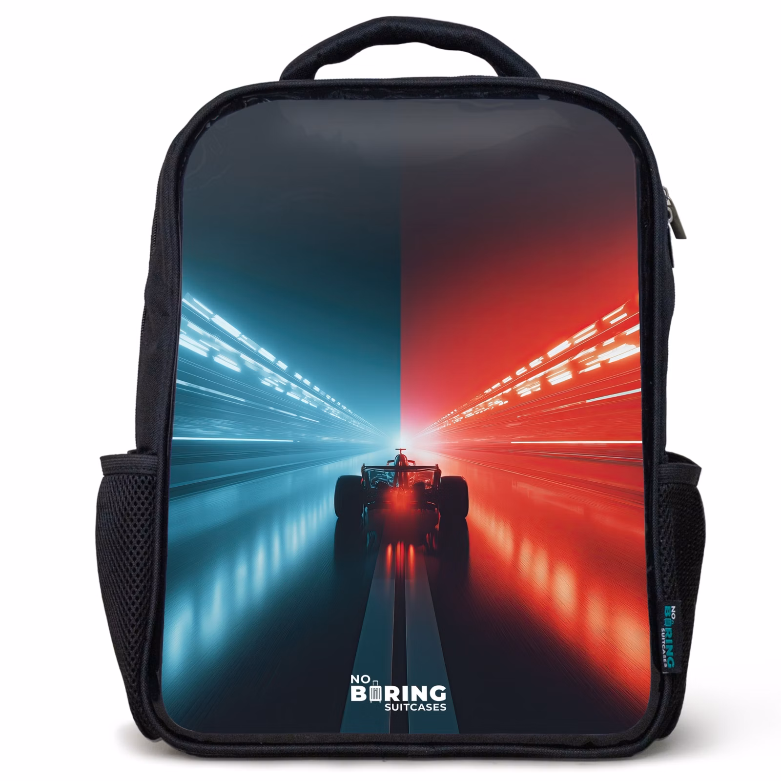 Kinderrucksack - Schwarz - Rennstrecke - Rennwagen - Neon - Rot — 1