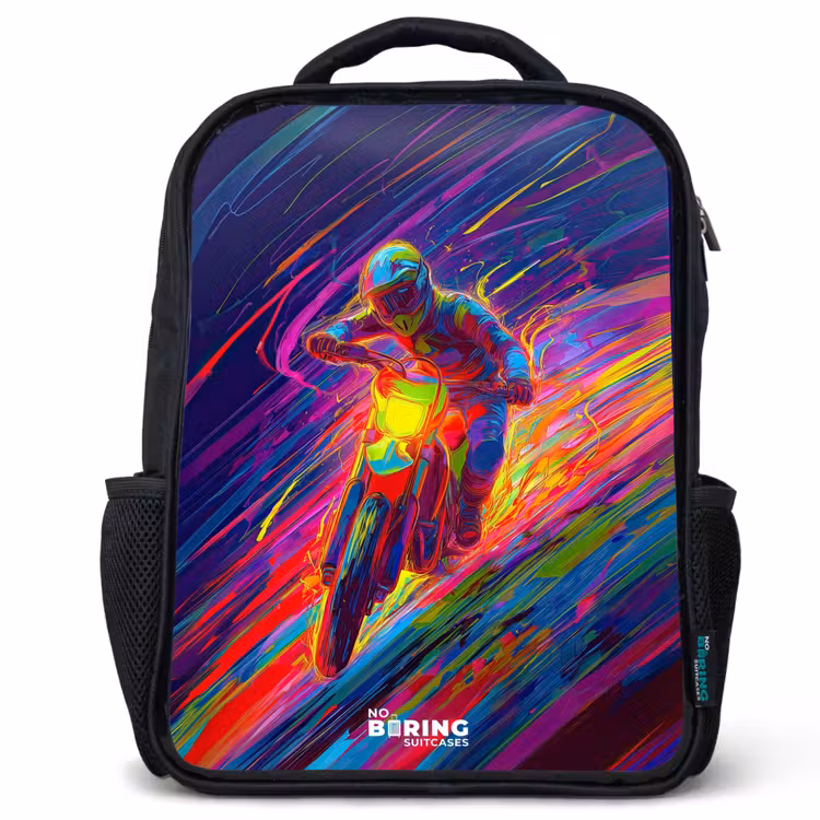 Kinderrucksack - Schwarz - Crossrad - Neonfarben - Linien - Helm — 1