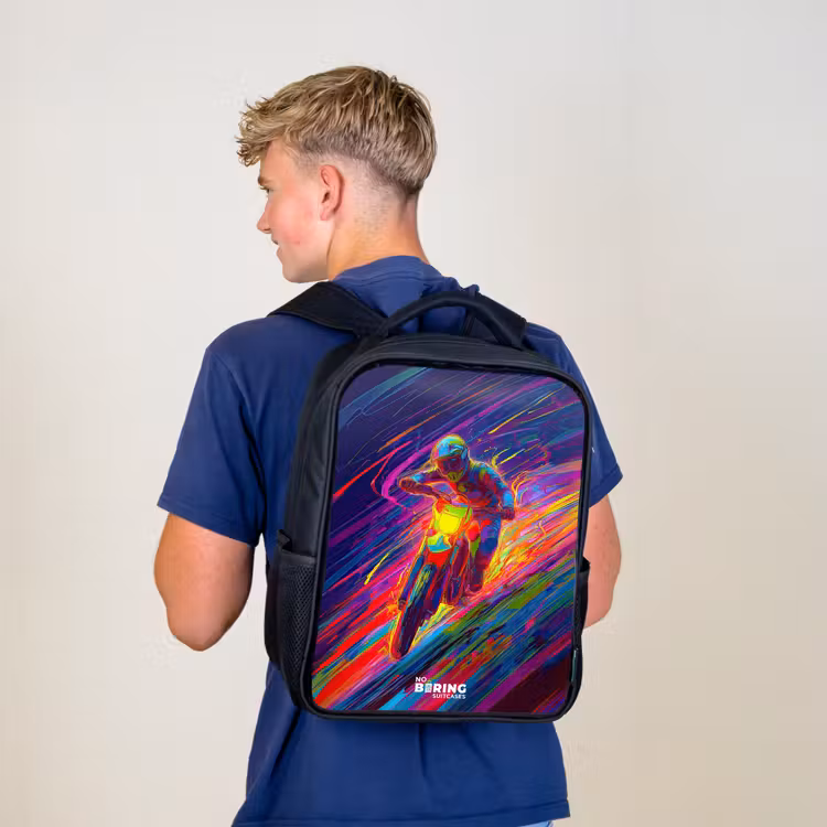 Kinderrucksack - Schwarz - Crossrad - Neonfarben - Linien - Helm — 3