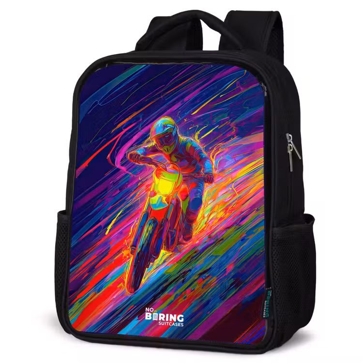 Kinderrucksack - Schwarz - Crossrad - Neonfarben - Linien - Helm — 4