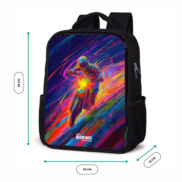 Kinderrucksack - Schwarz - Crossrad - Neonfarben - Linien - Helm — 6