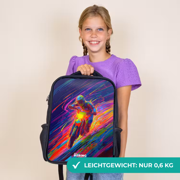 Kinderrucksack - Schwarz - Crossrad - Neonfarben - Linien - Helm — 7