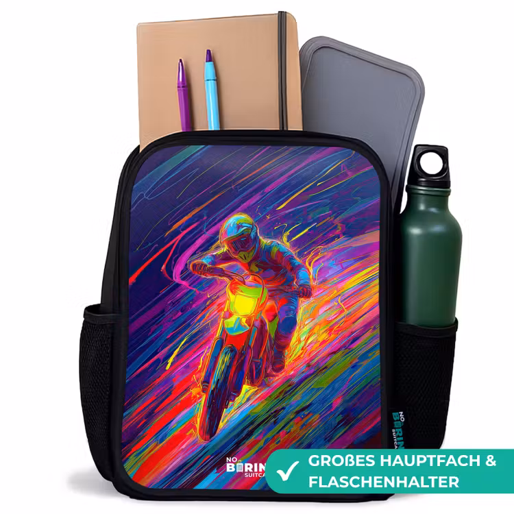 Kinderrucksack - Schwarz - Crossrad - Neonfarben - Linien - Helm — 8