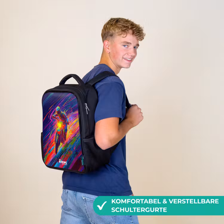 Kinderrucksack - Schwarz - Crossrad - Neonfarben - Linien - Helm — 9