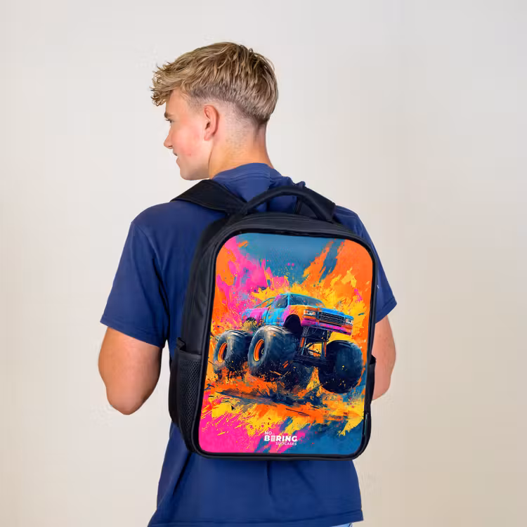 Kinderrucksack - Schwarz - Monstertruck - Farbspritzer - Bunt - Explosion — 3