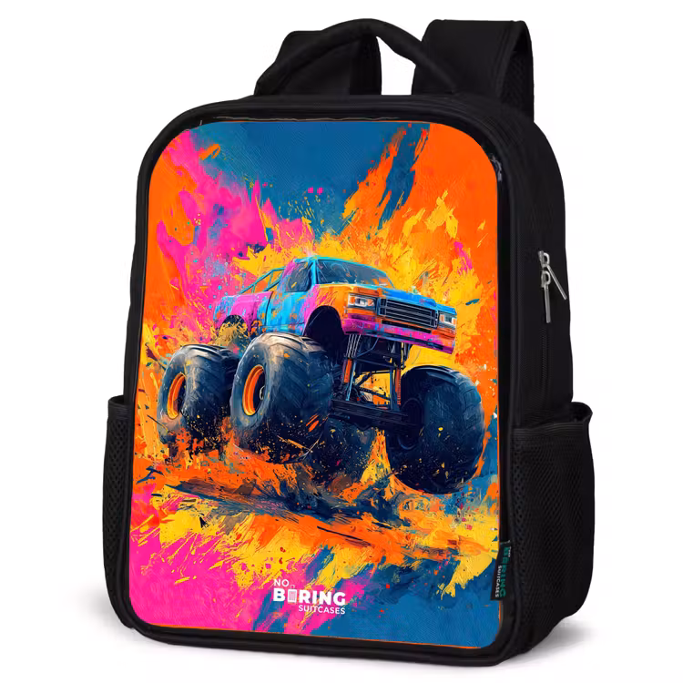 Kinderrucksack - Schwarz - Monstertruck - Farbspritzer - Bunt - Explosion — 4