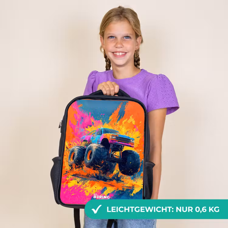 Kinderrucksack - Schwarz - Monstertruck - Farbspritzer - Bunt - Explosion — 7