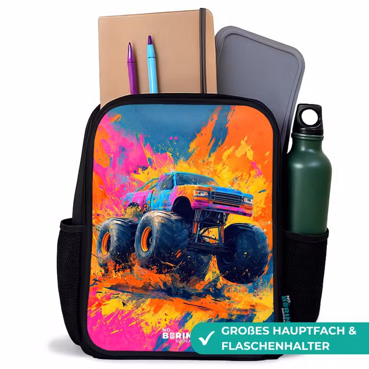 Kinderrucksack - Schwarz - Monstertruck - Farbspritzer - Bunt - Explosion — 8