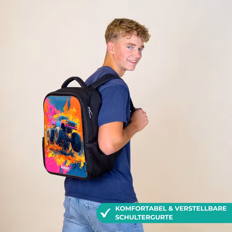Kinderrucksack - Schwarz - Monstertruck - Farbspritzer - Bunt - Explosion — 9
