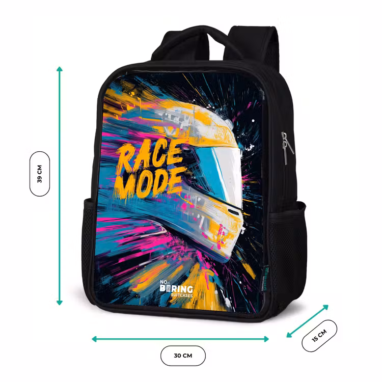 Kinderrucksack - Schwarz - Rennhelm - Farbspritzer - Pinselstriche - Rennmode — 6