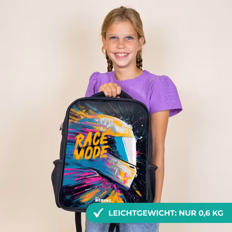 Kinderrucksack - Schwarz - Rennhelm - Farbspritzer - Pinselstriche - Rennmode — 7