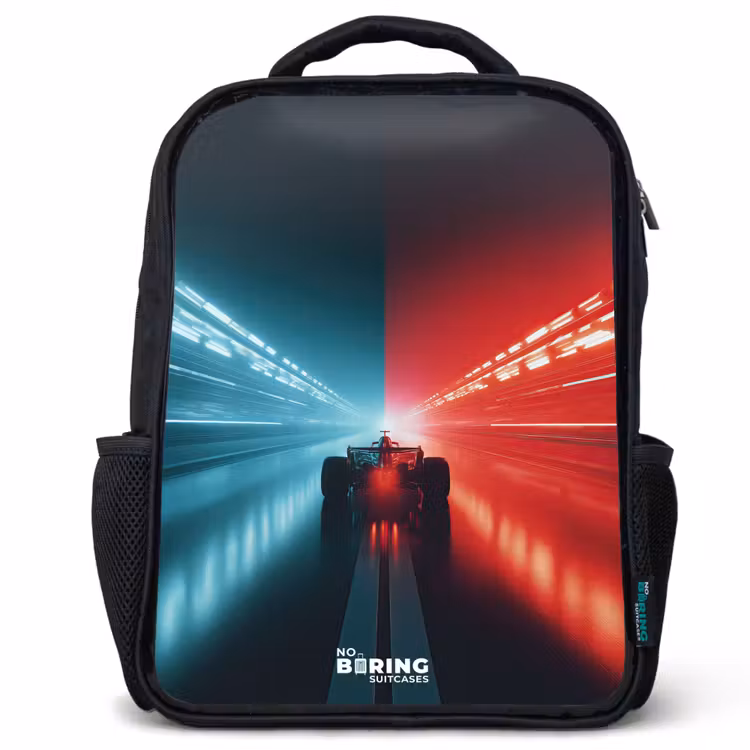Kinderrucksack - Schwarz - Rennstrecke - Rennwagen - Neon - Rot — 1