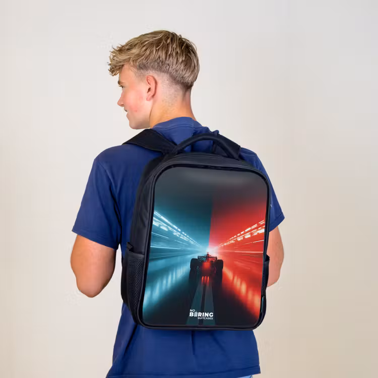 Kinderrucksack - Schwarz - Rennstrecke - Rennwagen - Neon - Rot — 3