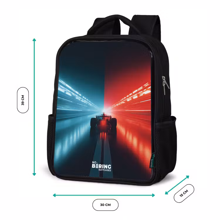 Kinderrucksack - Schwarz - Rennstrecke - Rennwagen - Neon - Rot — 6