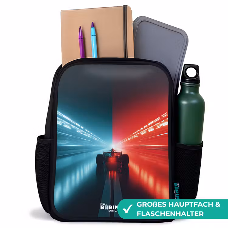 Kinderrucksack - Schwarz - Rennstrecke - Rennwagen - Neon - Rot — 8