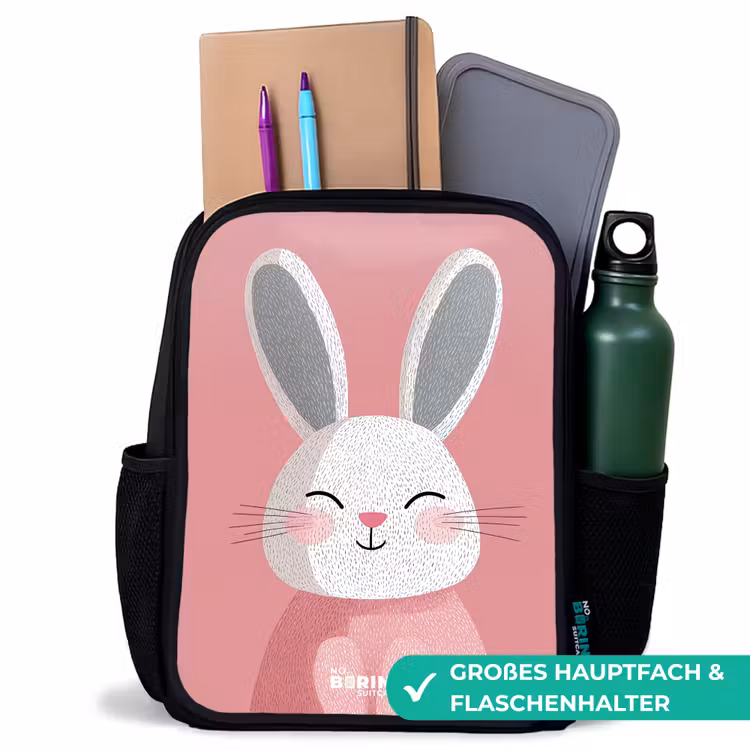 Kinderrucksack - Schwarz - Rosa - Kaninchen - Lächeln - Illustration — 8