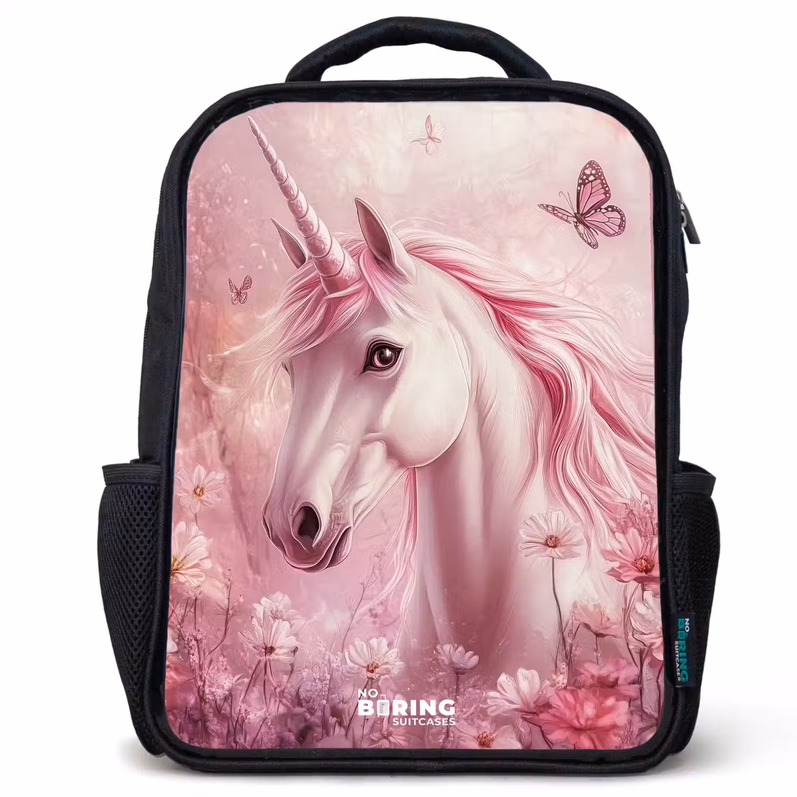 Kinderrucksack - Schwarz - Einhorn - Rosa - Schmetterlinge - Blumen — 1