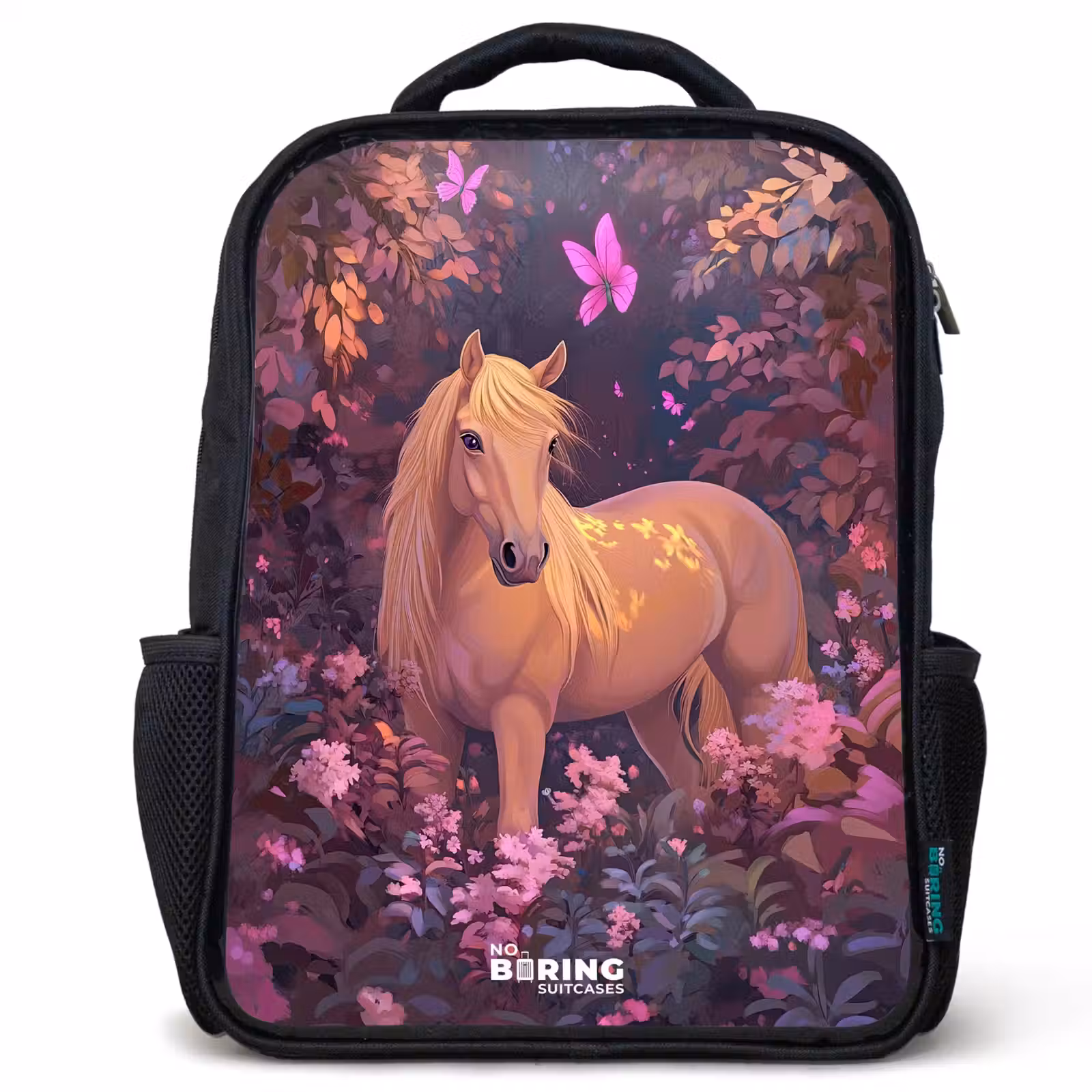 Kinderrucksack - Schwarz - Pferd - Blumen - Lila - Schmetterling — 1