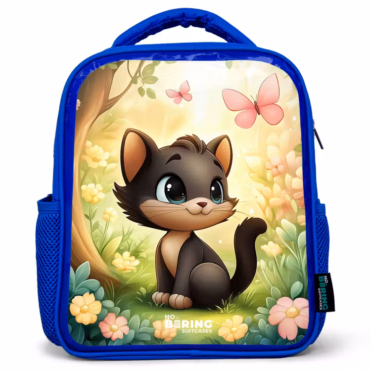 Kinderrucksack - Blau - Katze - Schmetterling - Blumen — 1