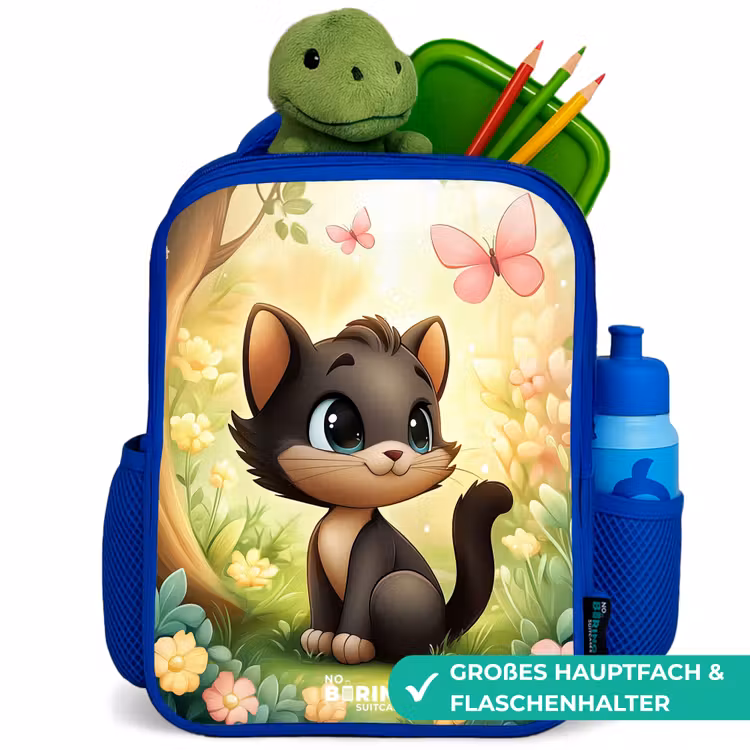 Kinderrucksack - Blau - Katze - Schmetterling - Blumen — 3