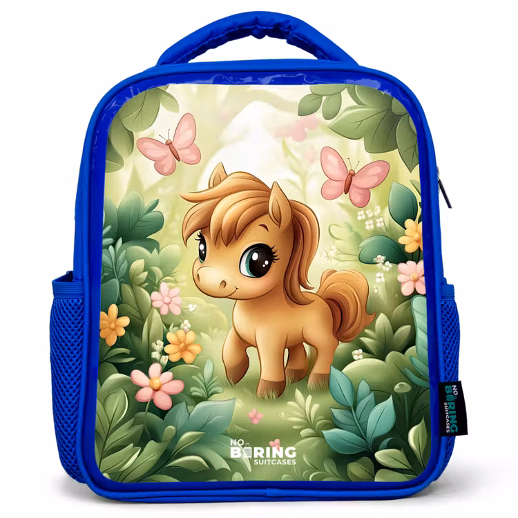Kinderrucksack - Blau - Pferd - Blumen - Schmetterlinge — 1