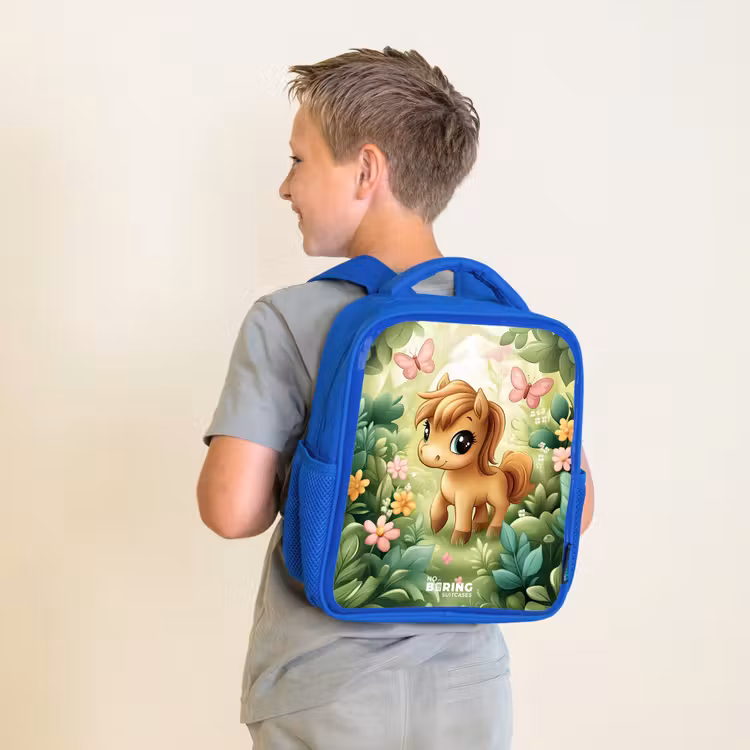 Kinderrucksack - Blau - Pferd - Blumen - Schmetterlinge — 2