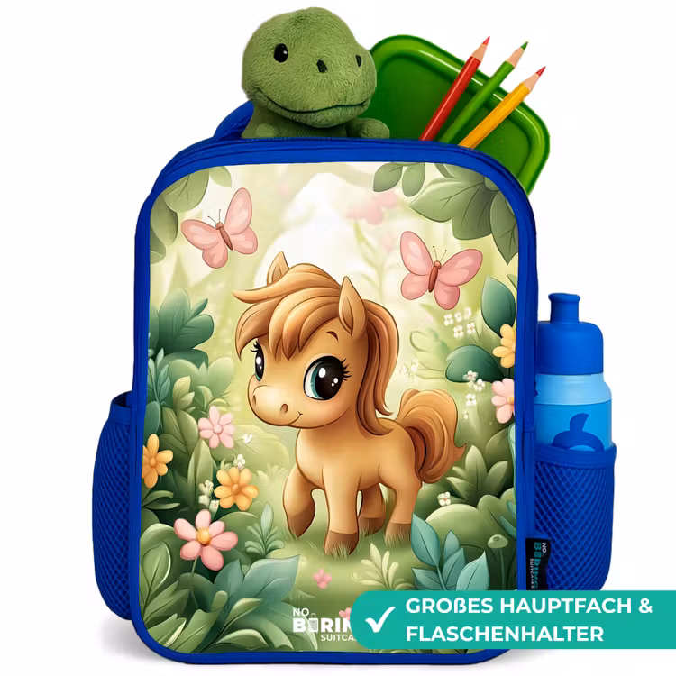 Kinderrucksack - Blau - Pferd - Blumen - Schmetterlinge — 3