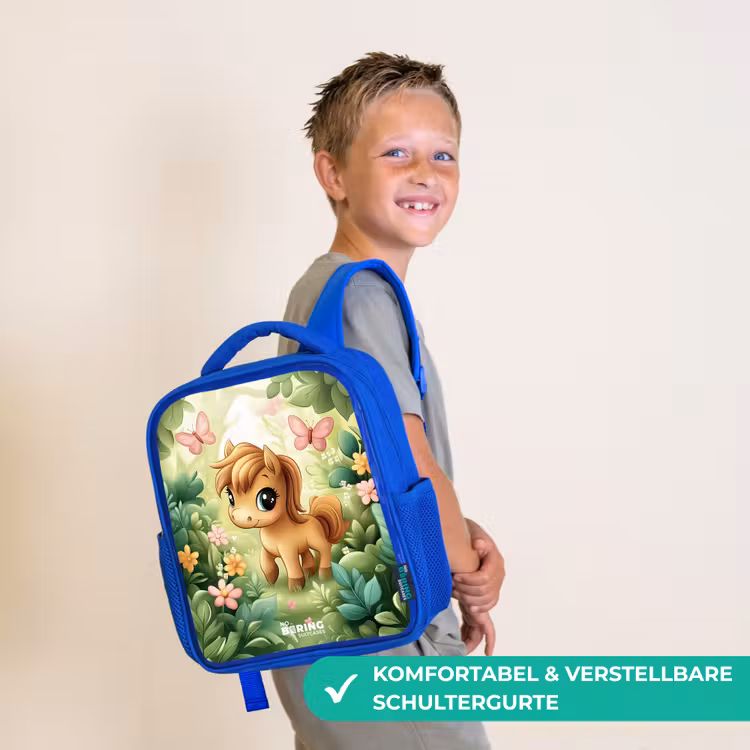 Kinderrucksack - Blau - Pferd - Blumen - Schmetterlinge — 5