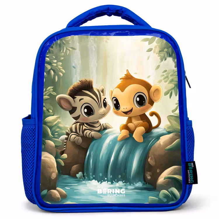 Kinderrucksack - Blau - Zebra - Affe - Wasserfall - Felsen — 1