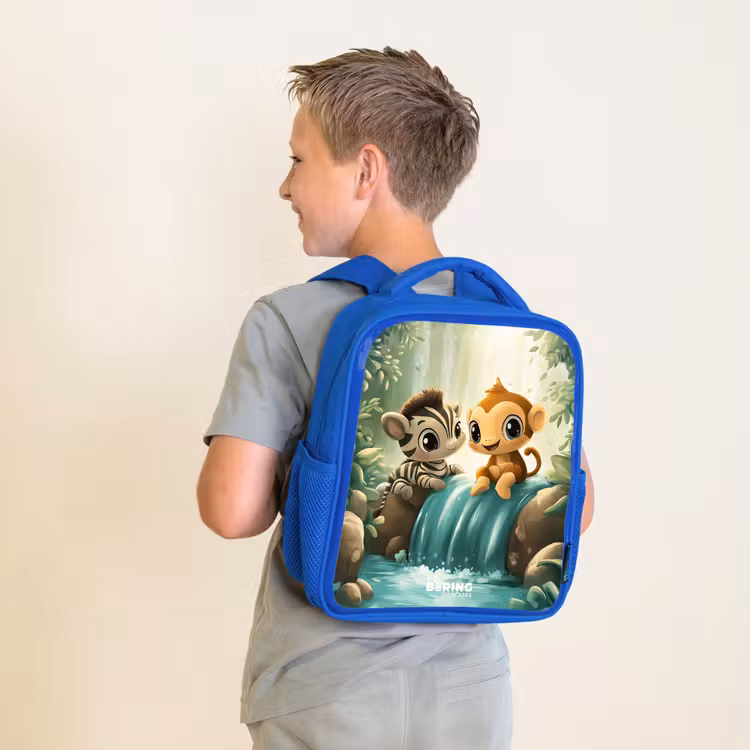 Kinderrucksack - Blau - Zebra - Affe - Wasserfall - Felsen — 2