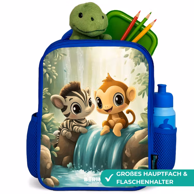 Kinderrucksack - Blau - Zebra - Affe - Wasserfall - Felsen — 3