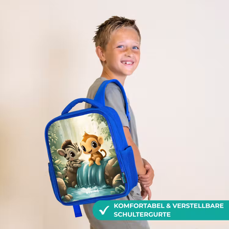 Kinderrucksack - Blau - Zebra - Affe - Wasserfall - Felsen — 5