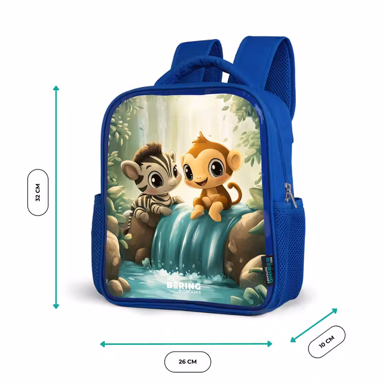 Kinderrucksack - Blau - Zebra - Affe - Wasserfall - Felsen — 6
