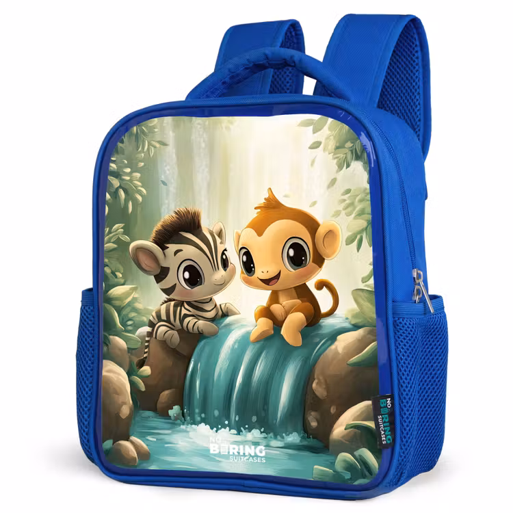 Kinderrucksack - Blau - Zebra - Affe - Wasserfall - Felsen — 7