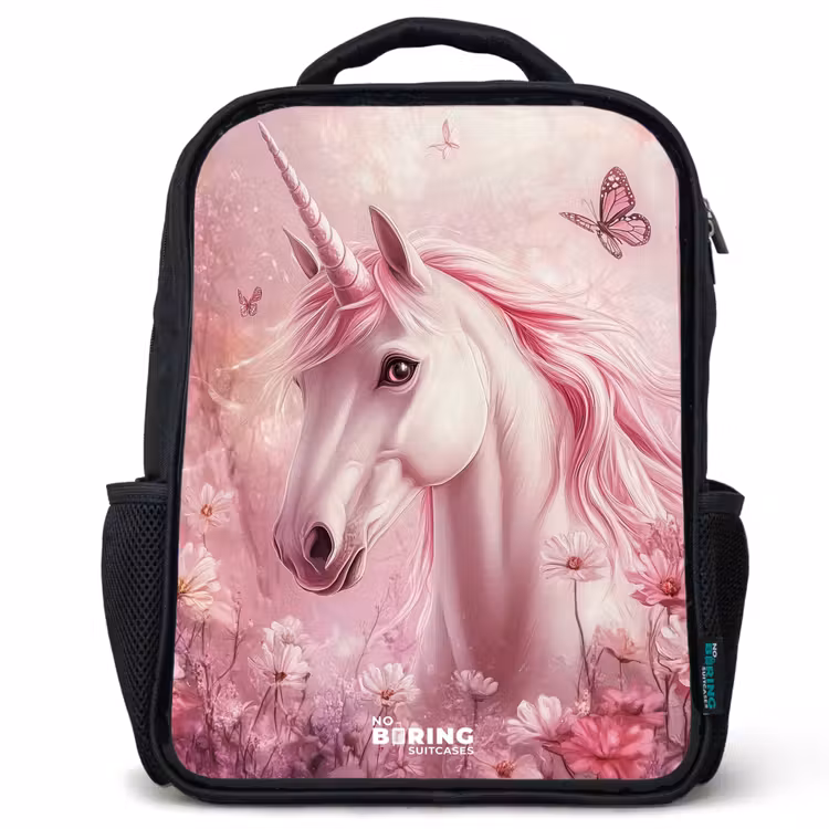 Kinderrucksack - Schwarz - Einhorn - Rosa - Schmetterlinge - Blumen — 1