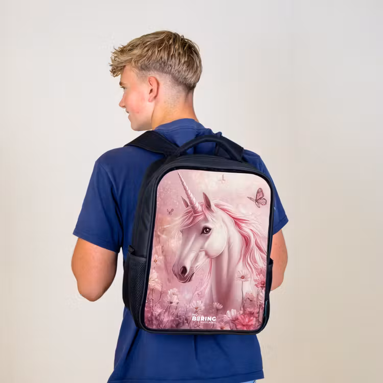 Kinderrucksack - Schwarz - Einhorn - Rosa - Schmetterlinge - Blumen — 3