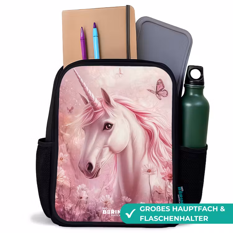 Kinderrucksack - Schwarz - Einhorn - Rosa - Schmetterlinge - Blumen — 8