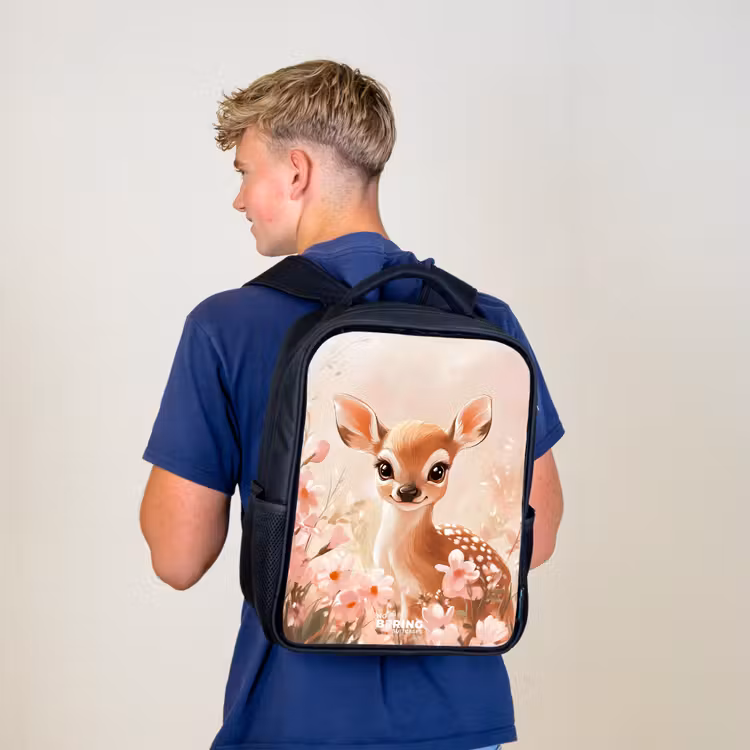 Kinderrucksack - Schwarz - Hirsche - Augen - Punkte - Blumen — 3