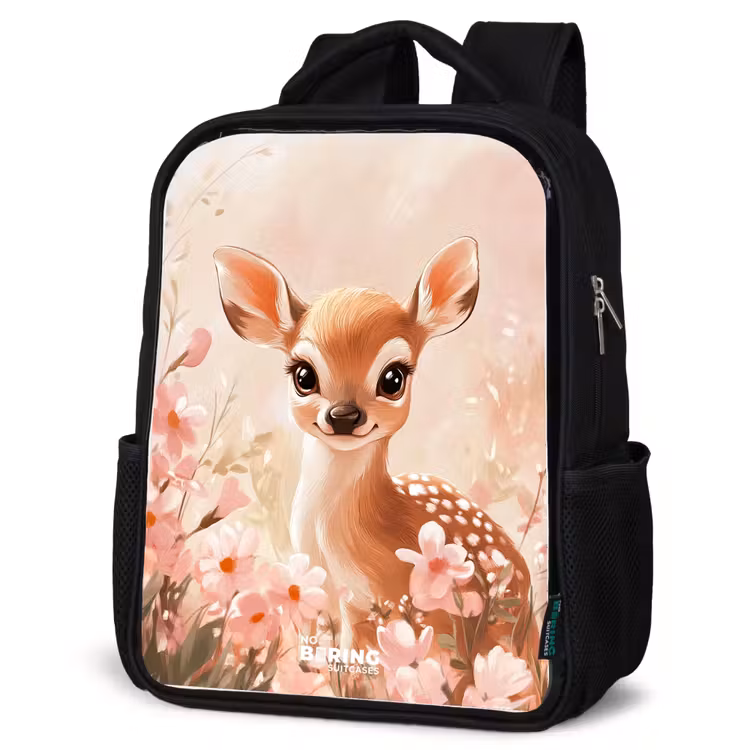 Kinderrucksack - Schwarz - Hirsche - Augen - Punkte - Blumen — 4